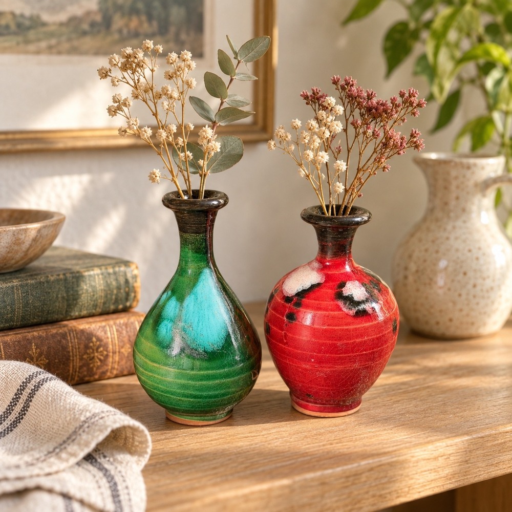 Vintage Mini Bud Vases Pair Green Red Studio Pottery Art Glaze Ceramic Decor